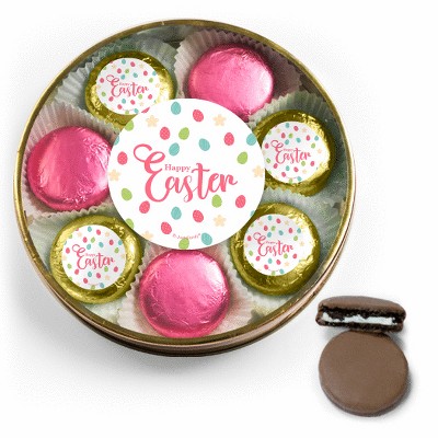 Easter Candy Gift Tin with Chocolate Covered OREO Cookies Large Gold Plastic Tin with Sticker - Eggs Design - By Just Candy