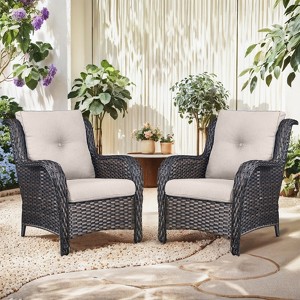 Buenhomino Patio Wicker Chairs Set of 2, Patio Rattan Dining Chairs with 4-inch Seat Cushions, High Back and Curved Armrest for Garden Backyard Deck - 1 of 4