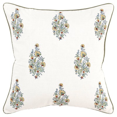 20"x20" Oversize Vintage Square Throw Pillow White/Green - Rizzy Home: Cotton Canvas, Botanical Print, French Knots
