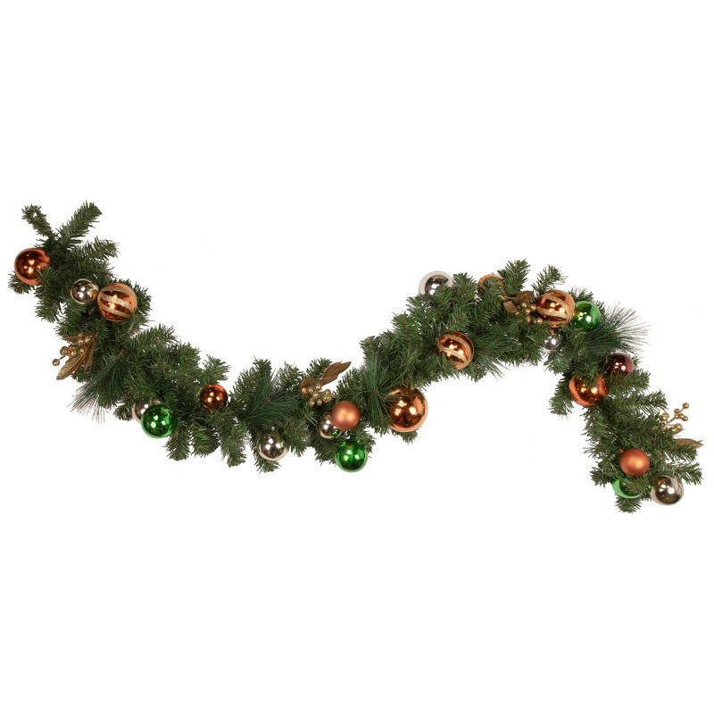 Northlight 6' x 12" Unlit Green Foliage and Copper Ornaments Christmas Garland, 1 of 5