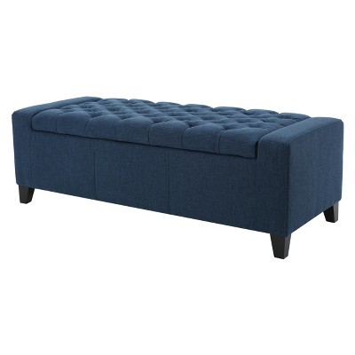 Dark Blue Tufted Fabric Storage Ottoman with Birch Legs