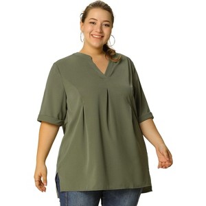 Agnes Orinda Women's Plus Size Casual Solid V Neck 1/2 Sleeves Pleated Blouses - 1 of 4