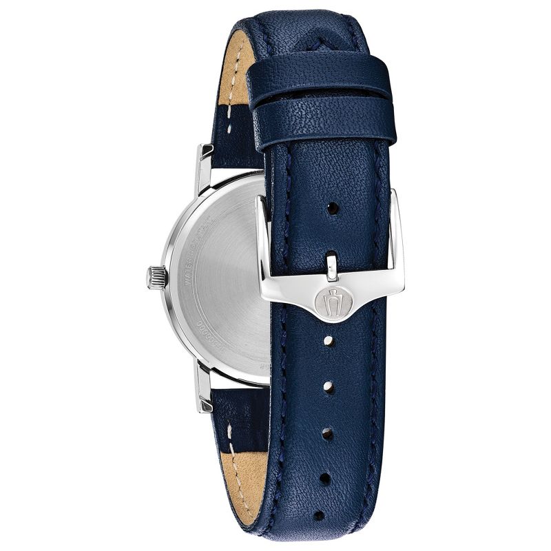 Bulova Ladies Classic Stainless Steel 3-Hand Date Quartz Slim Watch with Blue Leather Strap, Silver-Tone, 32mm, 3 of 5
