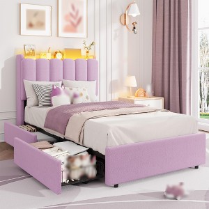 Twin Size Bed Frame with Storage Headboard, Upholstered Platform Bed Frame with 2 Drawers, Wooden Slats Support, No Box Spring Required - 1 of 4