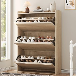 Shoe Cabinet with 3 Flip Drawers, Wooden Shoe Organizer Cabinet with Adjustable Shelf, Shoe Storage - 1 of 4