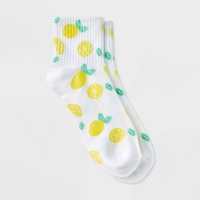 Women's Lemons Ribbed Ankle Socks - White/Yellow 4-10: Lightweight, Recycled Polyester, Machine Washable, Banded Cuff