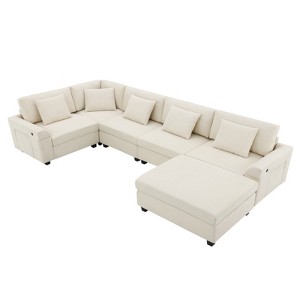 VYNXARIA 128*67" U Shaped Sectional Sofa,6 Seat Chenille Couch Set with Oversized Ottoman,Hidden Armrest Storage and Cup Holders,USB Charging Ports - 1 of 4