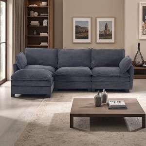 Modular Velvet U-Shaped 3-Seater Sectional Sofa with Ottoman & 2 Lumbar Pillows - 1 of 4