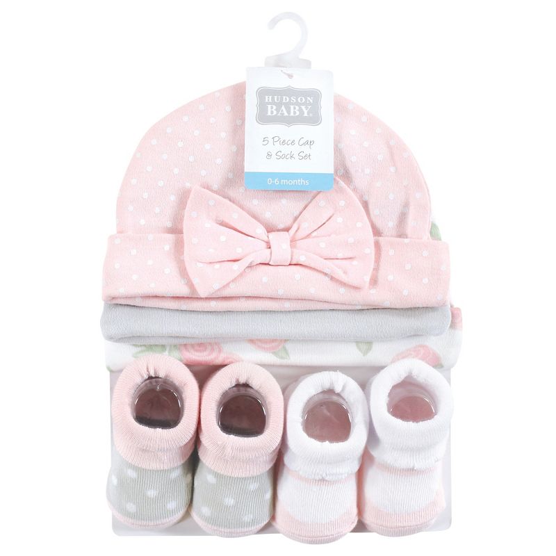 Hudson Baby Infant Girl Cap and Socks Set, Pink Rose, 0-9 Months, 3 of 7