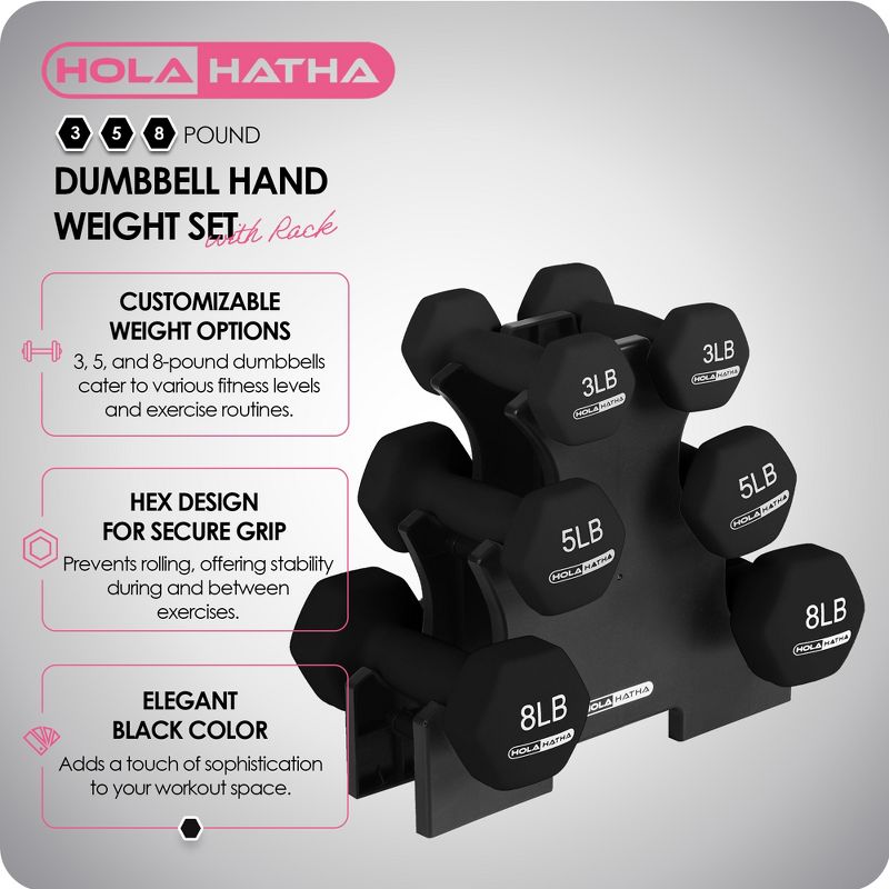 HolaHatha Hex Dumbbell Set with 3lbs., 5lbs. and 8lbs. Hand Weights and Storage Rack, 3 of 8