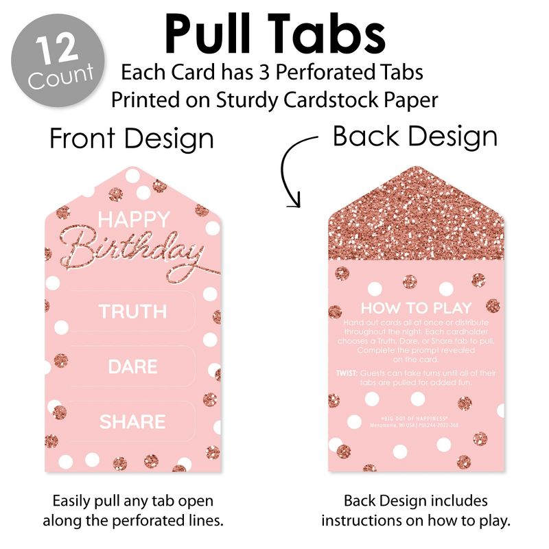 Big Dot of Happiness Pink Rose Gold Birthday - Happy Birthday Party Game Pickle Cards - Truth, Dare, Share Pull Tabs - Set of 12, 3 of 6