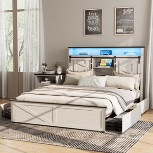 Bed Frame with Bookcase Headboard, Sliding Barn Door Storage Shelves - 1 of 4