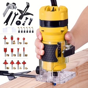 SILVEL Wood Router Handheld Compact Edge Trimmer 800W 3500 RPM Yellow with 15 pcs 1/4″ Bit Set Edge Guide Roller Guide Portable Tool Box - 1 of 2
