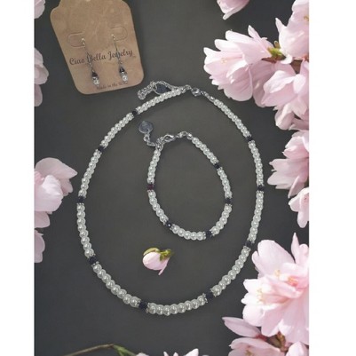 january garnet crystal /silver accents /white pearl/necklace, bracelet earring set