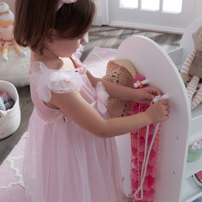 green emerald velvet dress 3-in-1 Montessori Dress Up Rail | 4 Shelves & Mirror | White or Pink