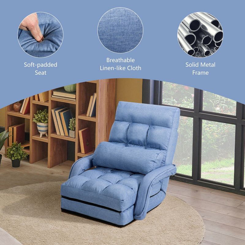 Tangkula Blue Folding Lazy Sofa Floor Chair Sofa Lounger Bed with Armrests and Pillow, 2 of 11