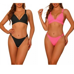 Elerevyo Women's Adjustable Wide Straps Back Clasp Ribbed Basic Beach Ring Triangle Swimwear Bathing Suits 2 Sets - 1 of 4