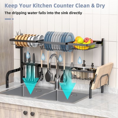 Costway Over Sink Dish Drying Rack 2 Tier Adjustable (21''-39'') Length w/ 8 Hooks
