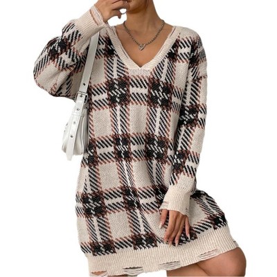 Coolmee Women's Oversized Pullover Dresses Plaid Long Sleeve V Neck Knit Sweater Dress