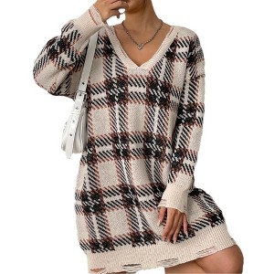 Coolmee Women's Oversized Pullover Dresses Plaid Long Sleeve V Neck Knit Sweater Dress - 1 of 4