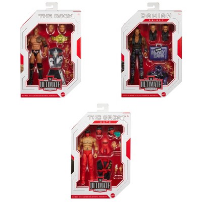 WWE Ultimate Edition 25 ) Complete Set of 3 The Rock, Damian Priest & Great Muta (Red Action Figures
