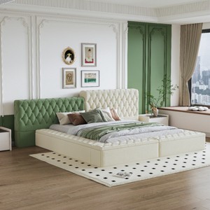 King Size Special-Shaped Upholstered Bed,Deep Button Tufting Bed with Padded Headboard, Bed with Storage in Rails and Footboard-Baofuwish - 1 of 4