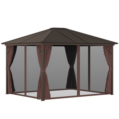 Outsunny 12' x 10' Brown Aluminum Hardtop Gazebo with Curtains
