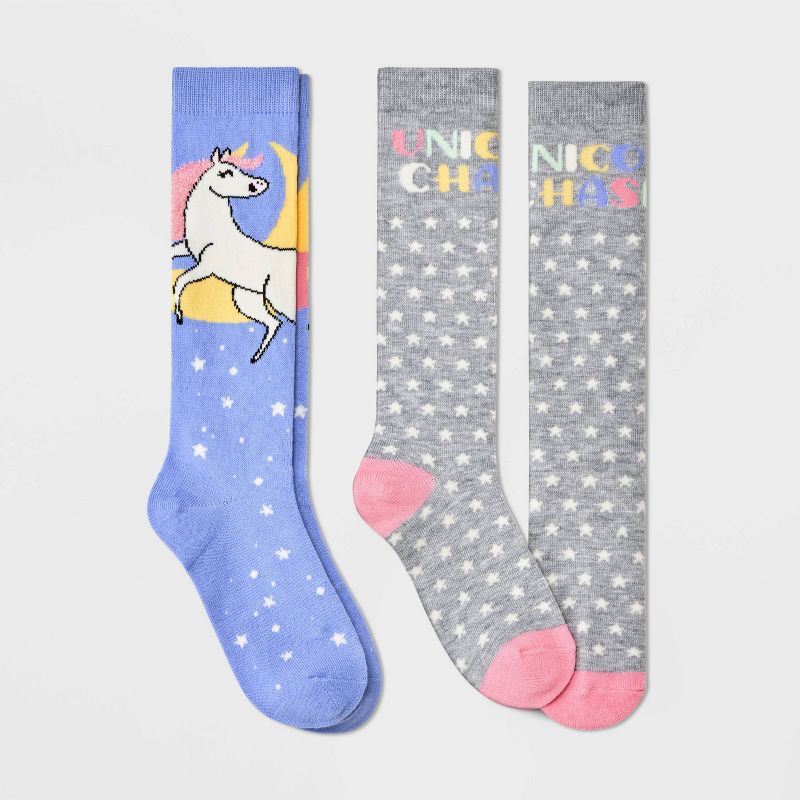 Girls' 2pk Unicorn Knee High Socks - Cat & Jack™ Blue, 1 of 5