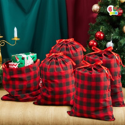 Joyfy 6-Pack Christmas Drawstring Gift Bags, 19"x14.5" Buffalo Plaid Cotton Sacks, Xmas Plaid Cloth Pouches for Holiday Wrapping & Decor (Red/Black)