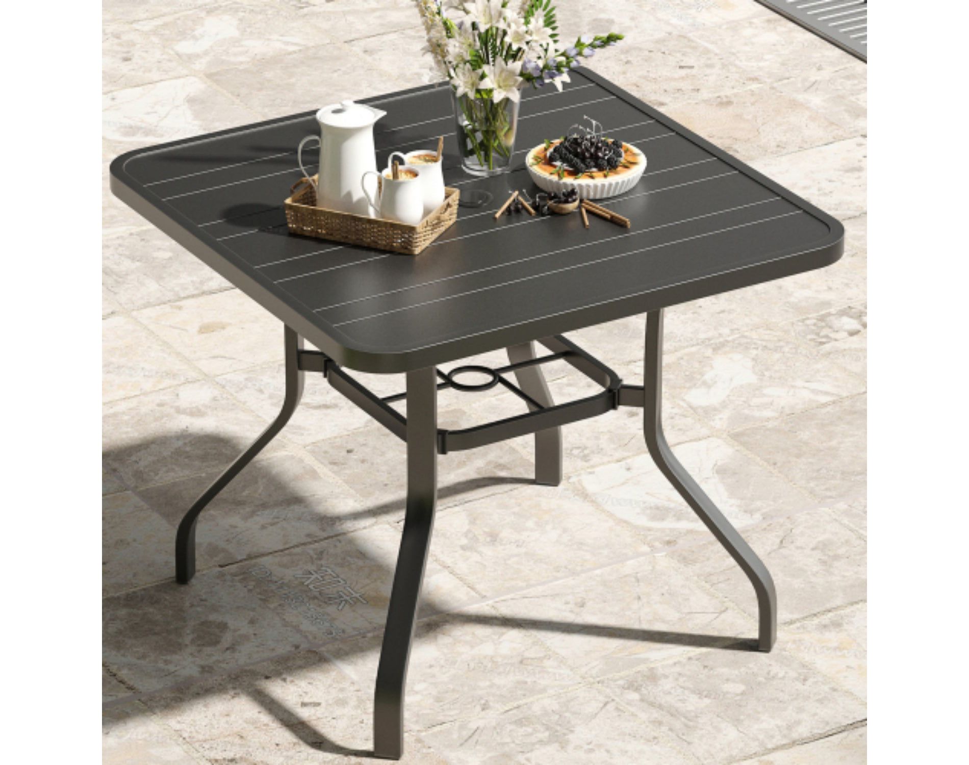 35 Inch Black Square Patio Dining Table with Umbrella Hole, Weather-Resistant Metal Outdoor Table for Yard Poolside