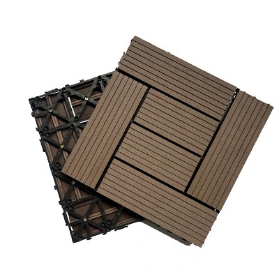 Vynxaria 20 Pieces of 11.8 Inch Dark Gray Interlocking Wood Look Tiles with Irregular Stripes, Waterproof for Indoor & Out, Patio, Balcony, Backyard