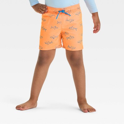 Toddler Boys' Water Reactive Shark Swim Shorts - Cat & Jack™ Orange 3T: UPF 50+, Built-in Brief, Elastic Waistband, 3.5" Inseam