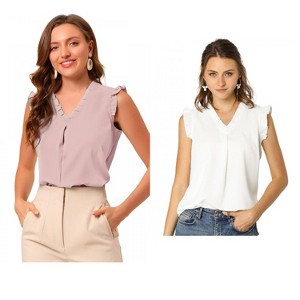 Allegra K Women's Ruffled Sleeveless Work Business Vintage Blouses 2 Packs - 1 of 4