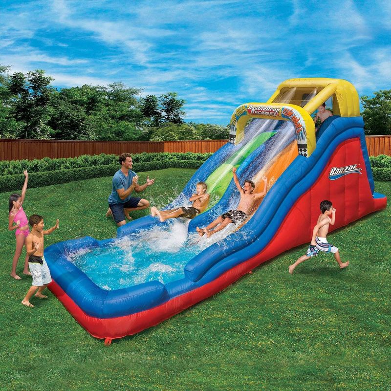 Banzai Double Drop Kids 2 Lane Raceway Inflatable Outdoor Bounce Water Slide Splash Park with Sprinklers and Climbing Wall for Ages 5-12, 3 of 7