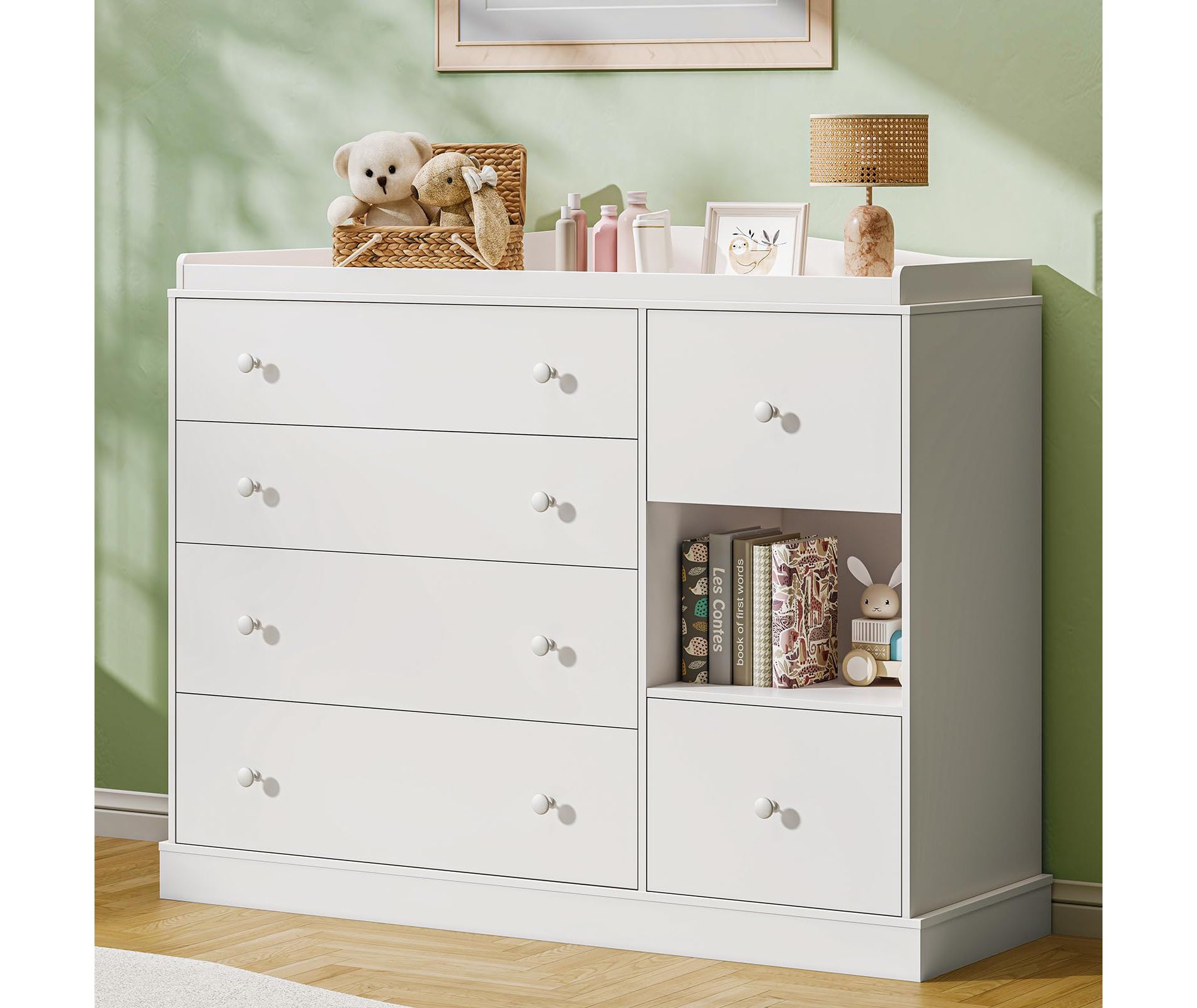 Kids Dresser Cabinet with 6 Drawers, Changing Table for Nursery with Shelf, Multi-Functional Chest of Drawers, Kids Bedroom Furniture, White