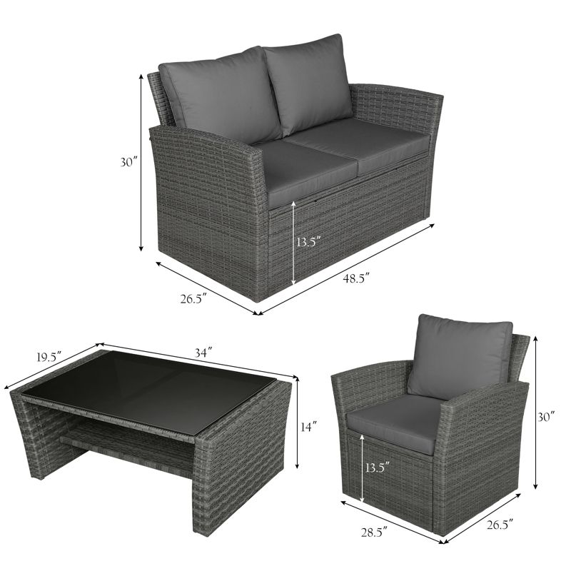 Tangkula 4-Piece Rattan Wicker Patio Outdoor Furniture Sofa Set with Cushions & Tempered Glass Table, 2 of 11