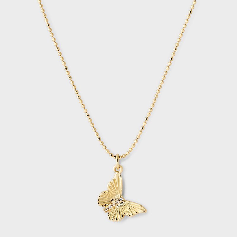 14K Gold Plated & Cubic Zirconia Butterfly Pendant Necklace - A New Day™ Gold