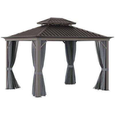 Outsunny Patio Gazebo 12' x 10', Netting & Curtains, 2 Tier Double Vented Steel Roof, Permanent Hardtop, Ceiling Hooks, Rust Proof Aluminum Frame for Outdoor, Gardens, Lawns, Charcoal Grey