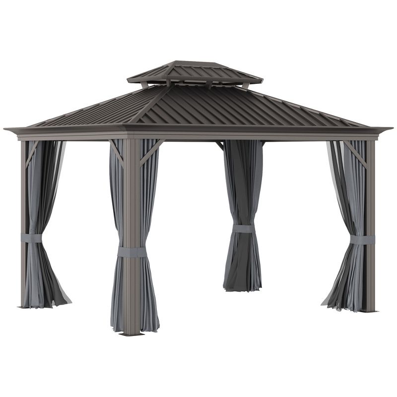 Outsunny Patio Gazebo 10' x 12', Netting & Curtains, 2 Tier Double Vented Steel Roof, Hardtop, Ceiling Hooks, Rust Proof Aluminum, Gray, 1 of 7