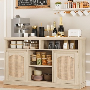Sideboard Buffet Cabinet with Storage, 47" Rattan Storage Cabinets with 2 Doors and Shelves,Large Wood Coffee Bar Cabinet,Credenza Buffet Table - 1 of 4
