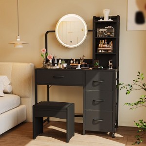 35" Makeup Vanity Desk with Mirror and Lights, Small Dressing Table with 4 Fabric Drawers & Open Shelves, Makeup Vanity Table for Bedroom - 1 of 4