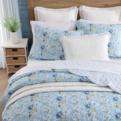 King Blue Cotton Reversible Floral Quilt Set