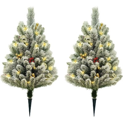 2-Pack 24-Inch Pre-Lit Potted Outdoor Christmas Trees with Warm Lights, Berries & Pine Cones, Small Pathway/Porch Xmas Decor