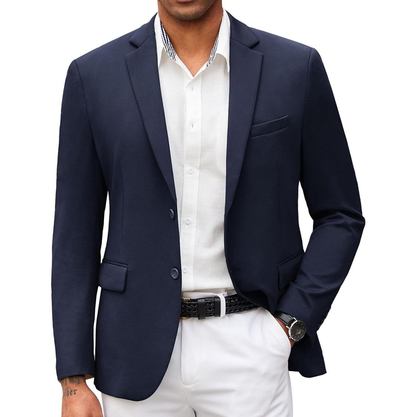 Мужской пиджак COOFANDY V-Neck Slim Fit Blazer with Button Pockets Navy Blue, цвет: Тёмно-синий — фото 1