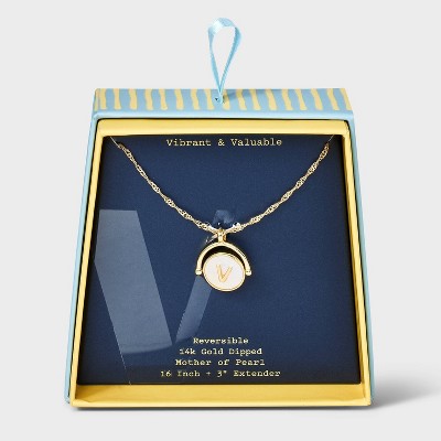 14K Gold Dipped Crystal and Mother of Pearl Circle Spinner Initial Necklace - A New Day™