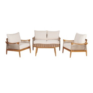 Christopher Knight Home Abell 4 Pieces Outdoor Woven Rope Acacia Wood Upholstered Seating Set - 1 of 4