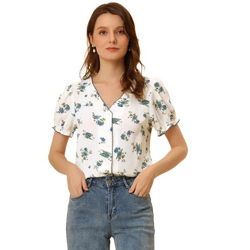 Allegra K Women's Floral Blouse Button Down V Neck Short Sleeve Top : Target