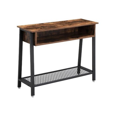 Wooden Console Table with Metal Framework and Mesh Bottom Shelf Brown and Black - Benzara