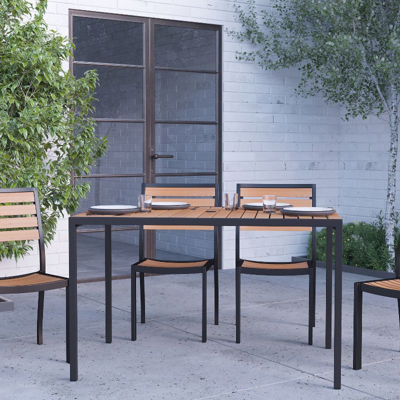 Merrick Lane 30" x 48" Outdoor Dining Table with Faux Teak Poly Slat Top and Powder Coated Steel Frame, 3 of 12