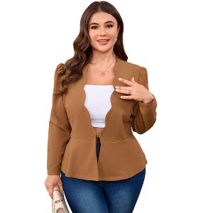 Plus Size Blazer for Women Business Casual Peplum Blazer Suit Jacket Long Sleeve Scallop Deep V-Neck Hook & Eye - 1 of 4